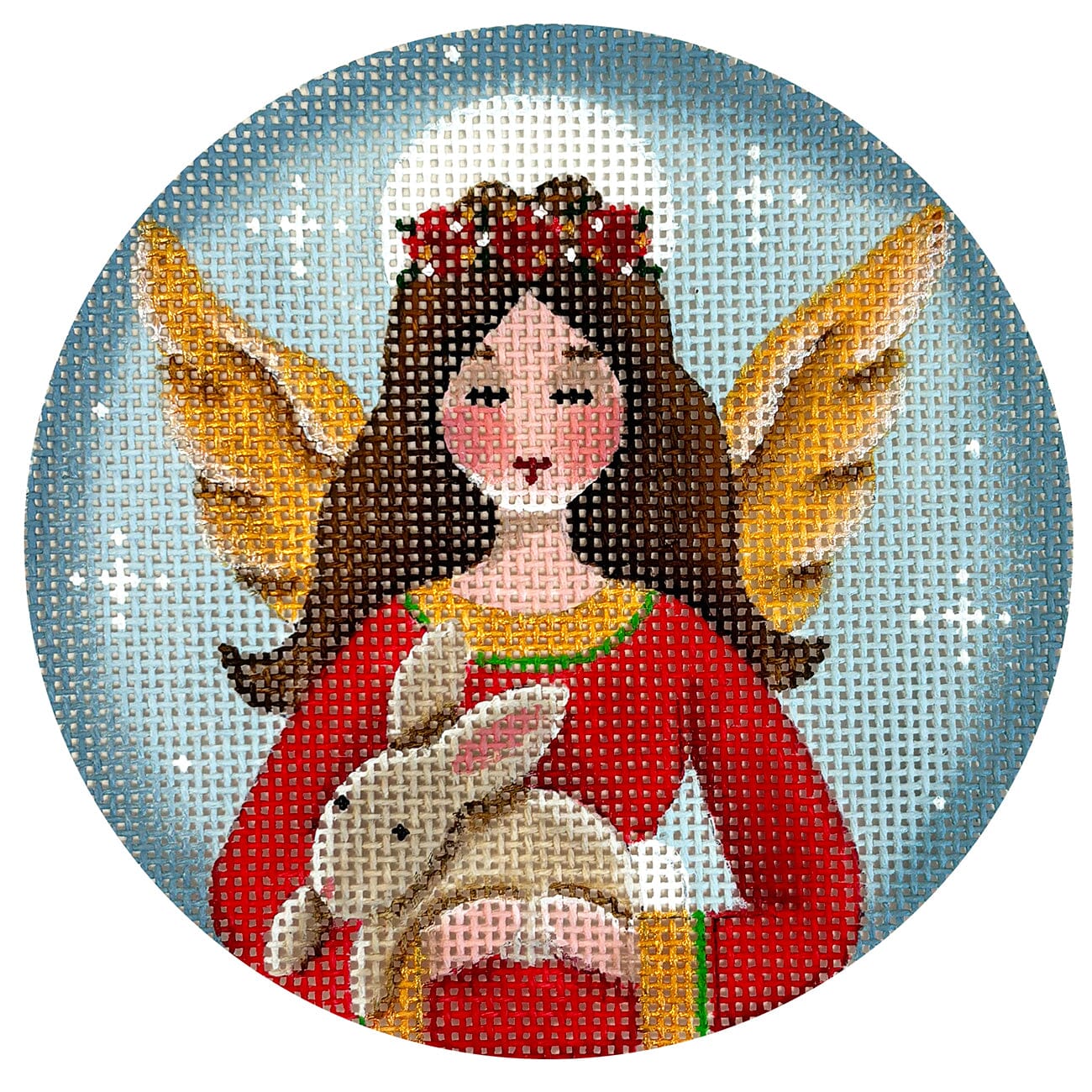 Angel with Bunny Round Painted Canvas Rebecca Wood Designs 
