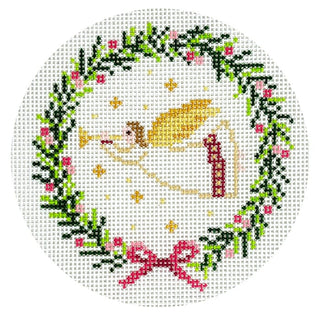 Angel with Horn Wreath Round Painted Canvas Lauren Bloch Designs 
