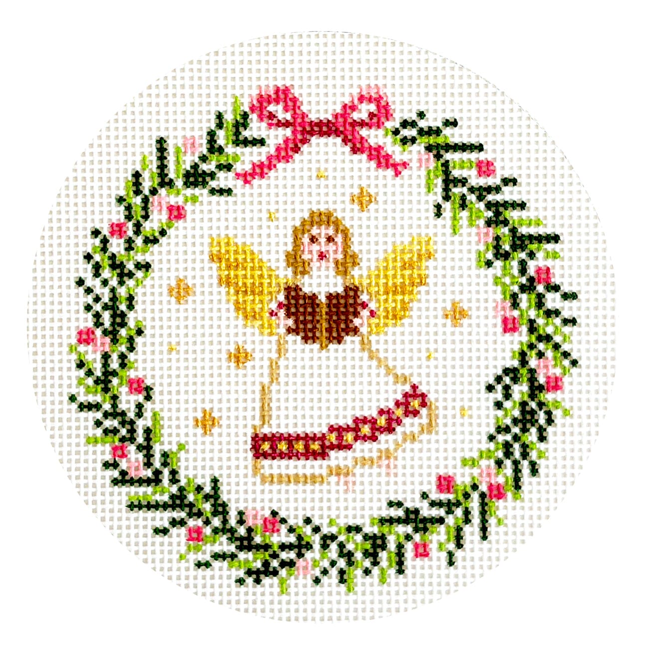Angel with Songbook Wreath Round Painted Canvas Lauren Bloch Designs  - 1