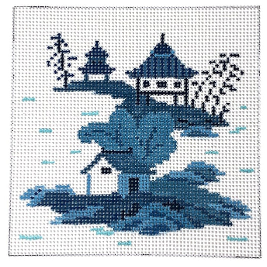 Asian Islands Square - 3 Houses/Blue Painted Canvas Susan Roberts Needlepoint Designs Inc. 