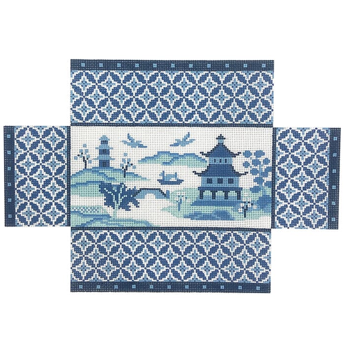 Asian Scene, Blues, Brick Cover Painted Canvas Susan Roberts Needlepoint Designs Inc. 
