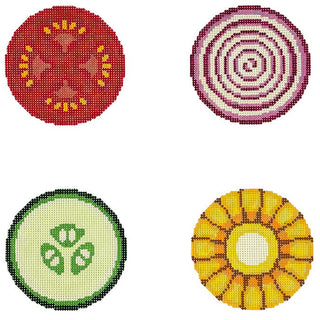 Assorted Veggies Coasters Set Painted Canvas Lucky Lotus Needlepoint 
