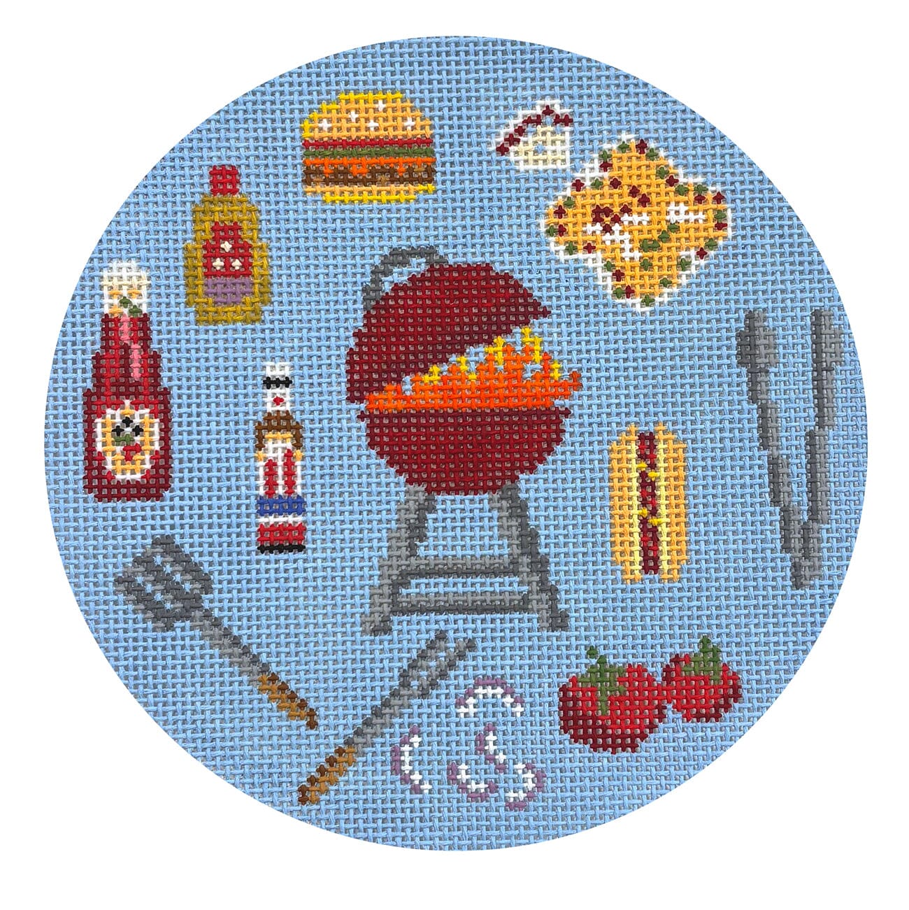 At the Grill Round Painted Canvas Atlantic Blue Canvas  - 1