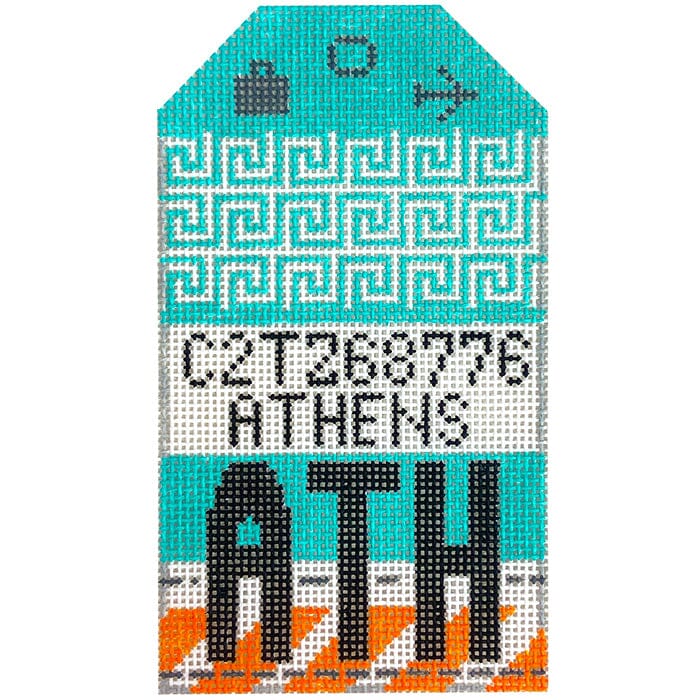 Athens ATH Retro Travel Tag Painted Canvas Hedgehog Needlepoint 
