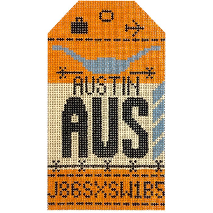 Austin AUS Retro Travel Tag Painted Canvas Hedgehog Needlepoint 

