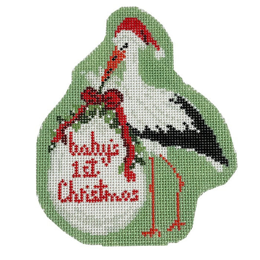 Baby's First Christmas Green Stork Painted Canvas KCN Designers 