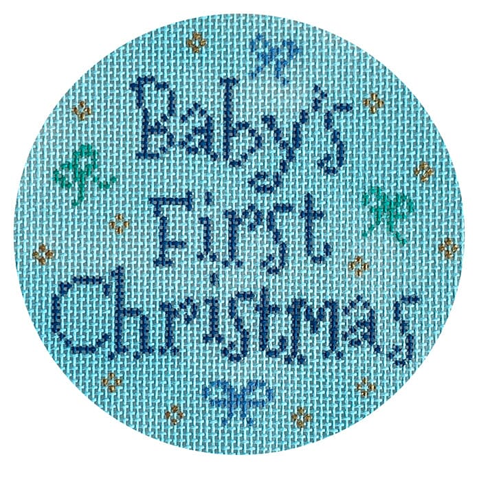 Baby's First Christmas Round Blue Painted Canvas Stitch Rock Designs 