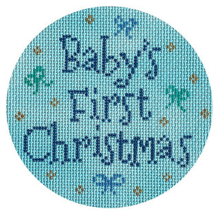 Baby's First Christmas Round Blue Painted Canvas Stitch Rock Designs 
