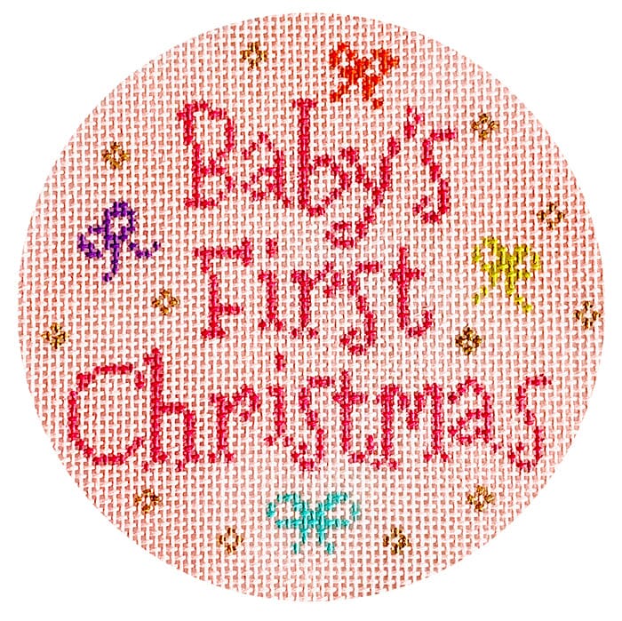 Baby's First Christmas Round Pink Painted Canvas Stitch Rock Designs 