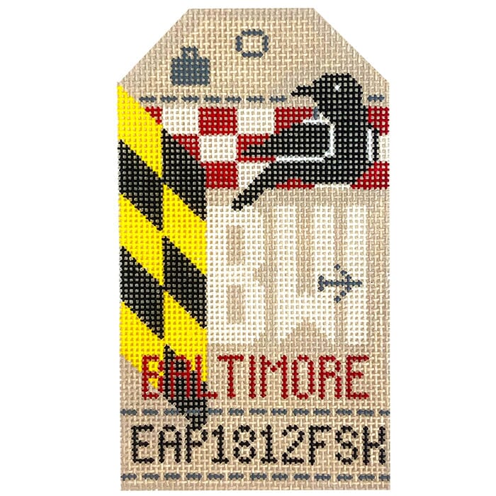 Baltimore BWI Retro Travel Tag Painted Canvas Hedgehog Needlepoint 
