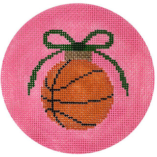 Basketball with Green Bow on Pink Round Painted Canvas Kristine Kingston 
