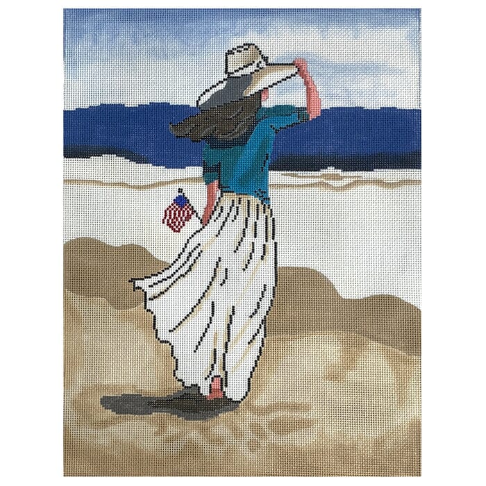 Beach Lady with American Flag Painted Canvas Patti Mann  - 1