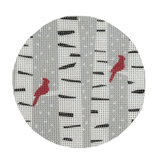 Birch Trees & Cardinals Round Painted Canvas All About Stitching/The Collection Design 
