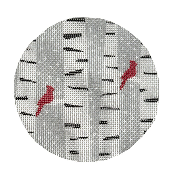 Birch Trees & Cardinals Round Painted Canvas All About Stitching/The Collection Design 
