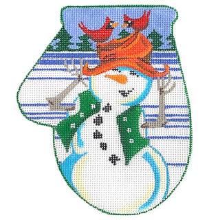 Birds Perch on Snowman's Hat Mitten Painted Canvas Julie Mar Needlepoint Designs 
