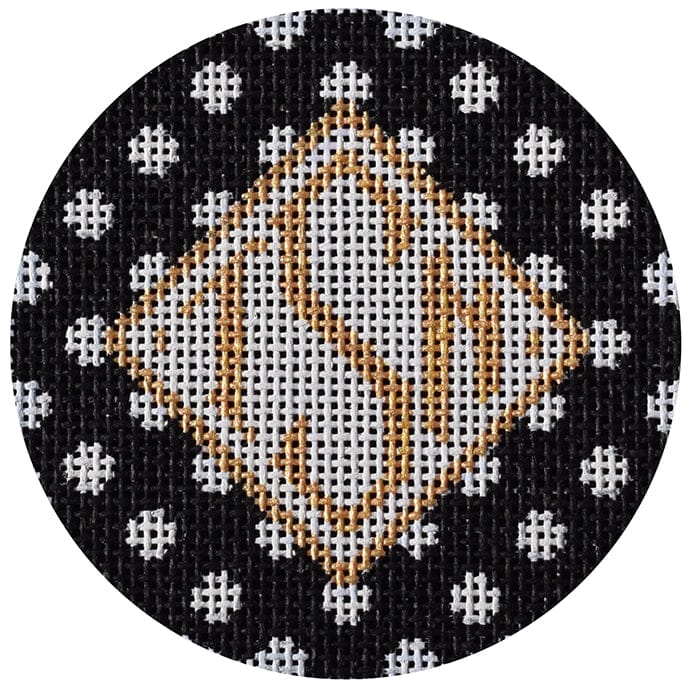 Black Polka Dot Monogram Round Painted Canvas Two Sisters Needlepoint 