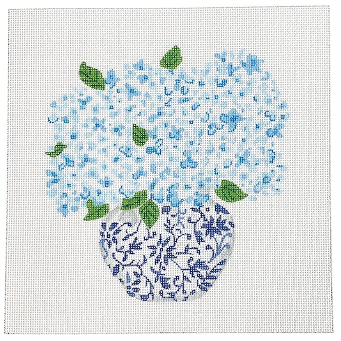 Blue Chinoiserie Pot with Blue Hydrangeas on 18 Painted Canvas Kate Dickerson Needlepoint Collections  - 1