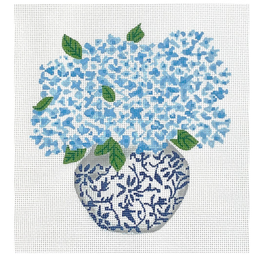 Blue Chinoiserie Pot with Blue Hydrangeas Painted Canvas Kate Dickerson Needlepoint Collections 