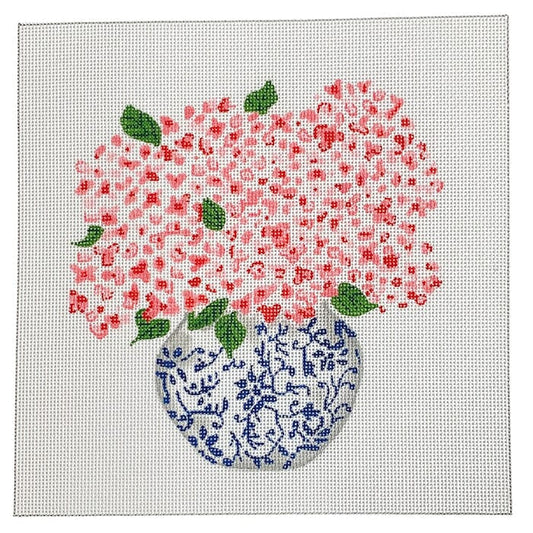 Blue Chinoiserie Pot with Pink Hydrangeas on 18 Painted Canvas Kate Dickerson Needlepoint Collections 