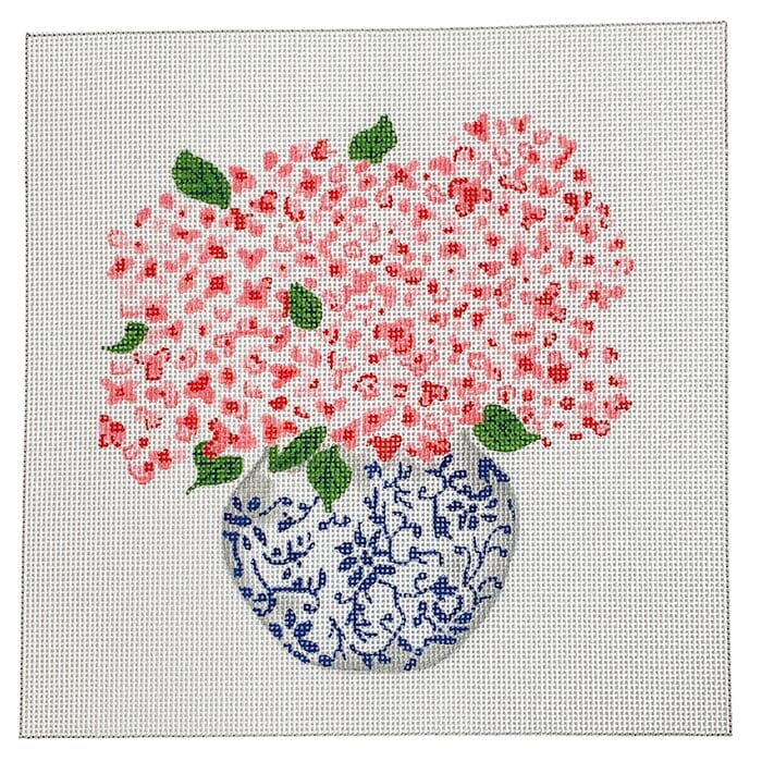 Blue Chinoiserie Pot with Pink Hydrangeas on 18 Painted Canvas Kate Dickerson Needlepoint Collections  - 1