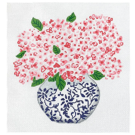 Blue Chinoiserie Pot with Pink Hydrangeas Painted Canvas Kate Dickerson Needlepoint Collections 