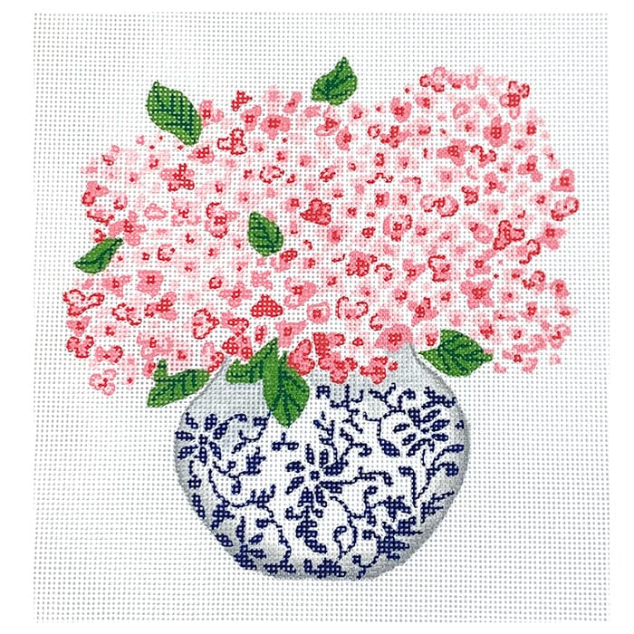 Blue Chinoiserie Pot with Pink Hydrangeas Painted Canvas Kate Dickerson Needlepoint Collections  - 1