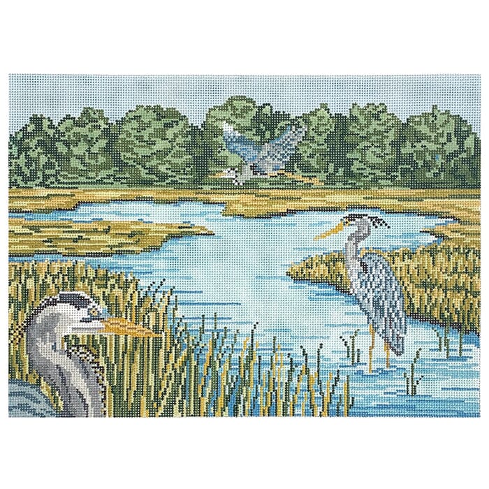 Blue Heron Trilogy Painted Canvas Needle Crossings  - 1
