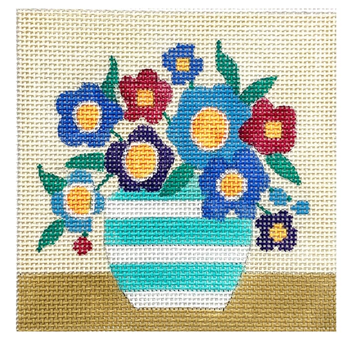 Blue Mod Flowers Coaster Painted Canvas Vallerie Needlepoint Gallery  - 1
