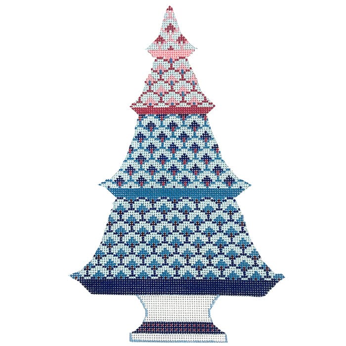 Blue & Red Scallop Tree Painted Canvas Anne Fisher Needlepoint LLC 