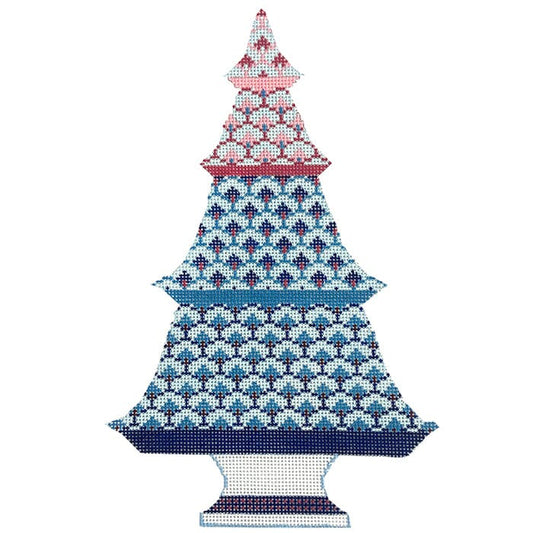 Blue & Red Scallop Tree Painted Canvas Anne Fisher Needlepoint LLC 