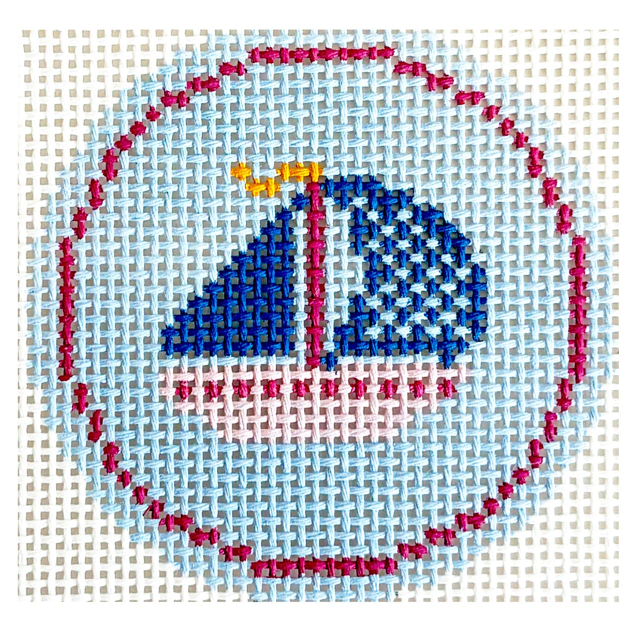 Blue Sailboat on Blue Round Painted Canvas KCN Designers  - 1