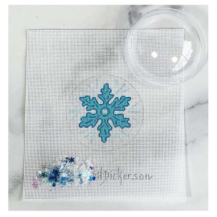 Blue Snowflake Ornament with Clear Dome & Confetti Painted Canvas Kate Dickerson Needlepoint Collections 