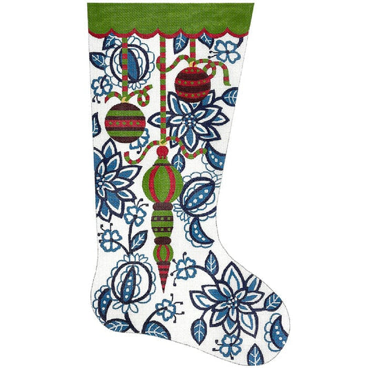 Blue & White Floral Ornaments Stocking Painted Canvas Alice Peterson Company 