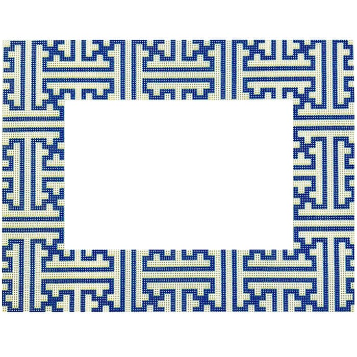 Blue/Cream Fretwork Frame Printed Canvas Two Sisters Needlepoint 
