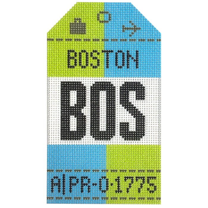 Boston BOS Retro Travel Tag Painted Canvas Hedgehog Needlepoint 
