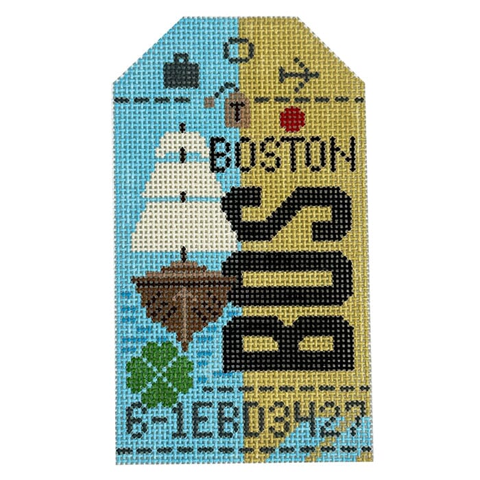 Boston BOS Retro Travel Tag Painted Canvas Hedgehog Needlepoint 