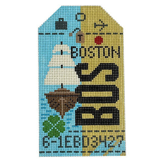 Boston BOS Retro Travel Tag Painted Canvas Hedgehog Needlepoint 
