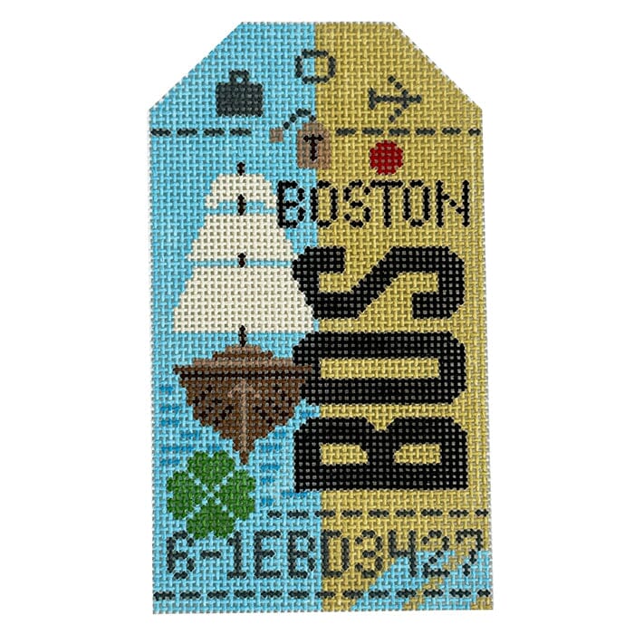 Boston BOS Retro Travel Tag Painted Canvas Hedgehog Needlepoint 
