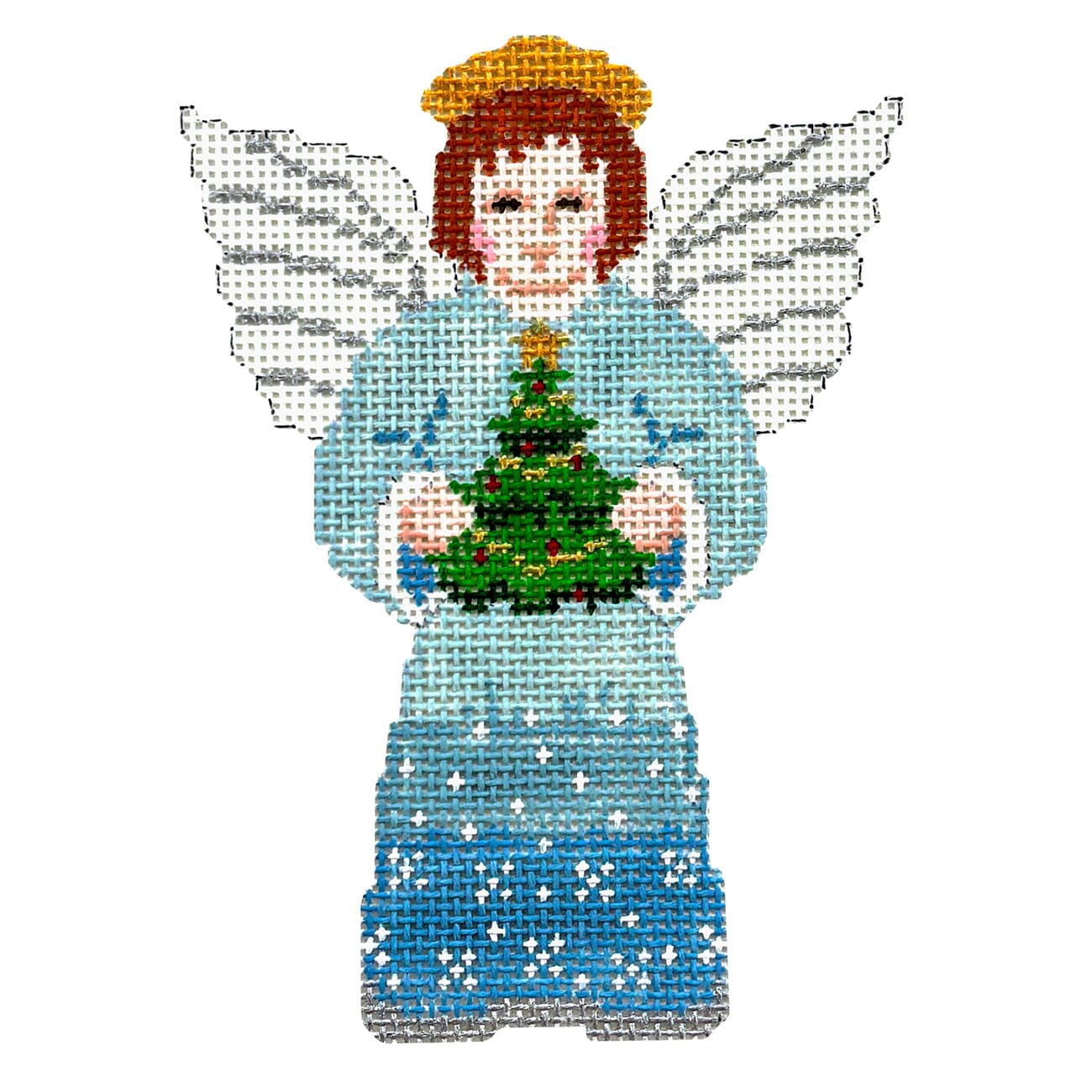 Boy Angel with Tree, Light Blue Painted Canvas Susan Roberts Needlepoint Designs Inc. 
