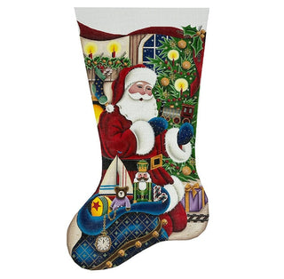 Boy Santa Presents Stocking TTL on 18 Painted Canvas Rebecca Wood Designs 
