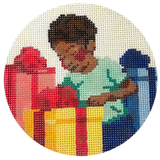 Boy with Presents   Heritage Ornament Painted Canvas Spellbound Stitchery 
