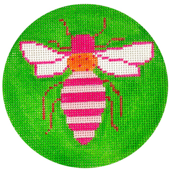 Bright Bee on Green Round Painted Canvas Vallerie Needlepoint Gallery 
