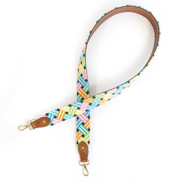 Bright Woven Ribbon Crossbody Strap Printed Canvas Two Sisters Needlepoint 
