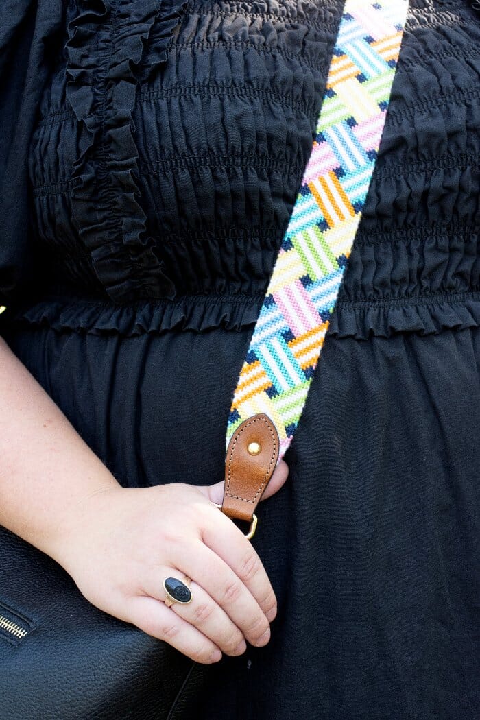 Bright Woven Ribbon Crossbody Strap Printed Canvas Two Sisters Needlepoint 
