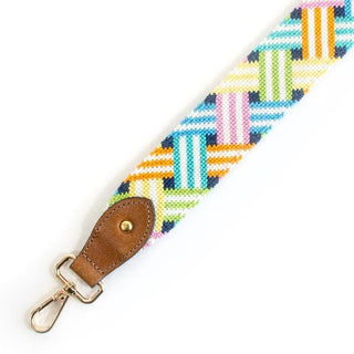 Bright Woven Ribbon Crossbody Strap Printed Canvas Two Sisters Needlepoint 
