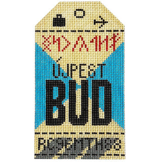 Budapest BUD Retro Travel Tag Painted Canvas Hedgehog Needlepoint 
