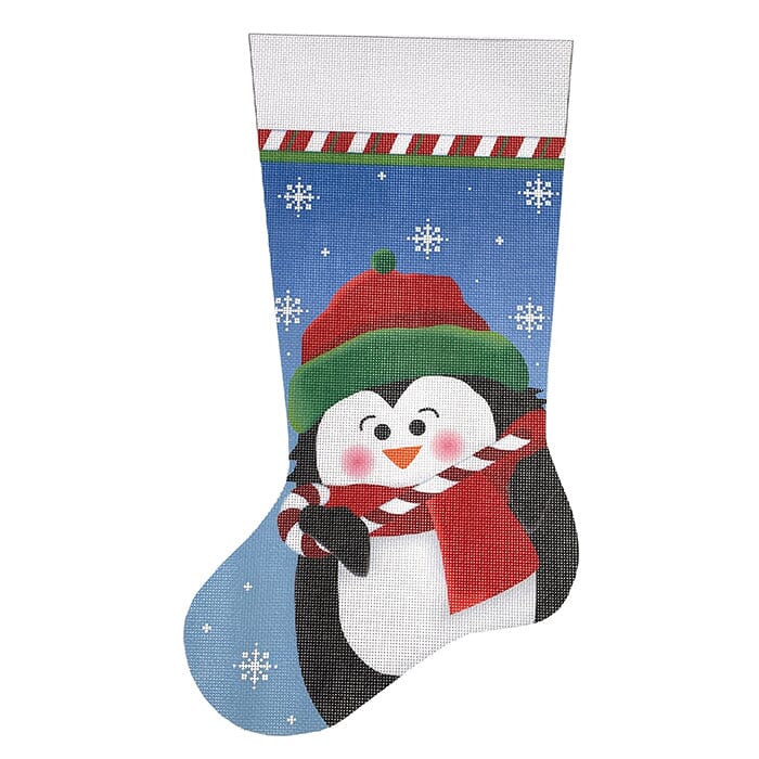 Candy Cane Penguin Stocking 13 mesh Painted Canvas Pepperberry Designs  - 1