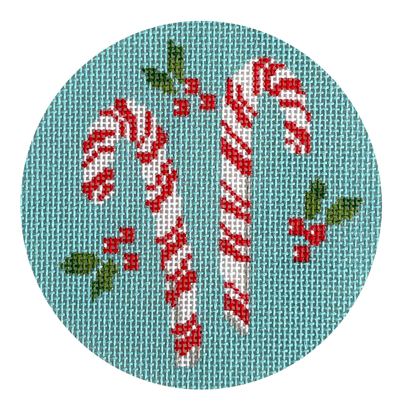 Candy Canes on Blue Round Painted Canvas Camilla Moss  - 1