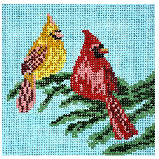 Cardinal Couple 5" Square Painted Canvas Needle Crossings 