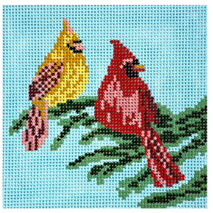 Cardinal Couple 5" Square Painted Canvas Needle Crossings 

